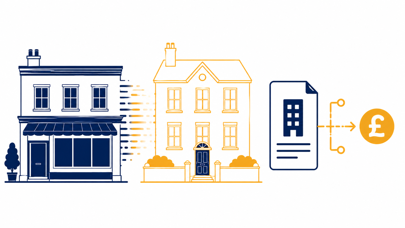 Change of use planning application fee illustration showing building transforming from commercial to residential use