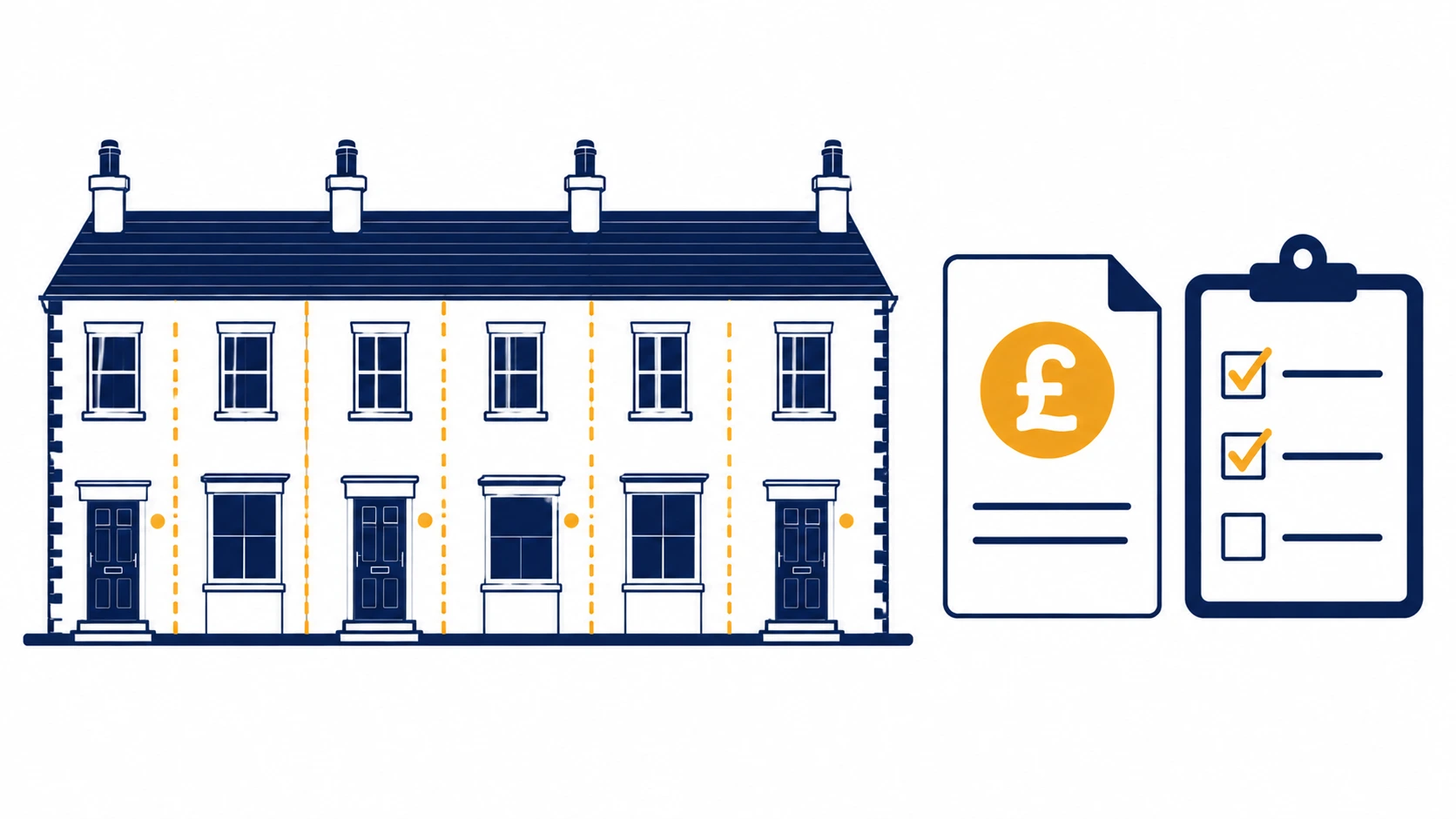 Converting a house into flats planning fee illustration showing divided terraced house and cost breakdown