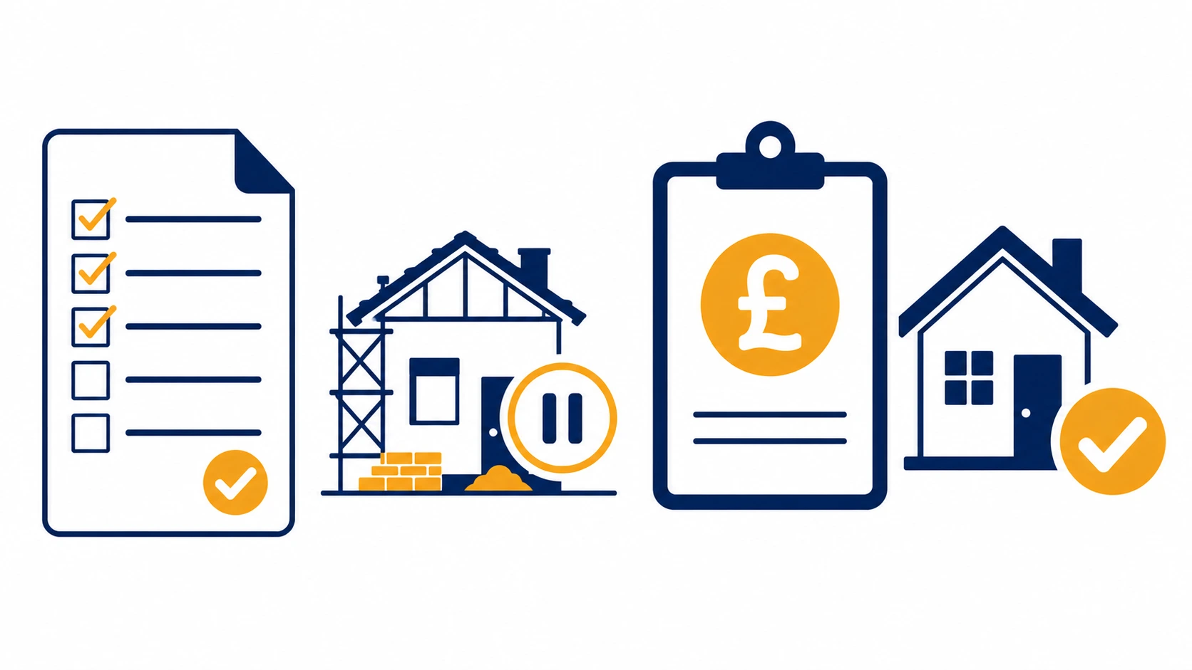 Discharge of planning conditions fee illustration showing checklist document and construction pause symbol