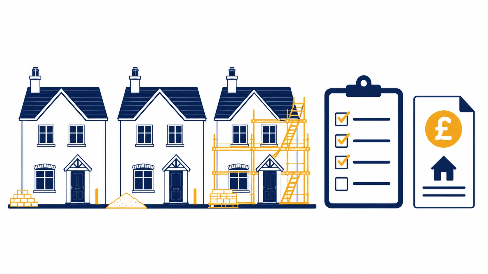 New build house planning permission cost illustration showing houses under construction and fee document